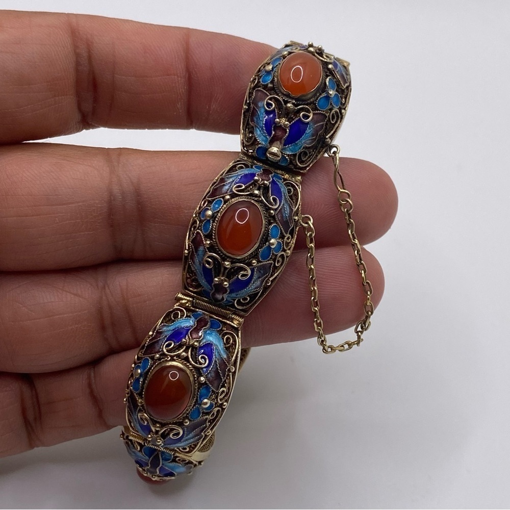 Vintage Chinese Coral 925 Silver Filigree Enamel Bracelet 6.5”